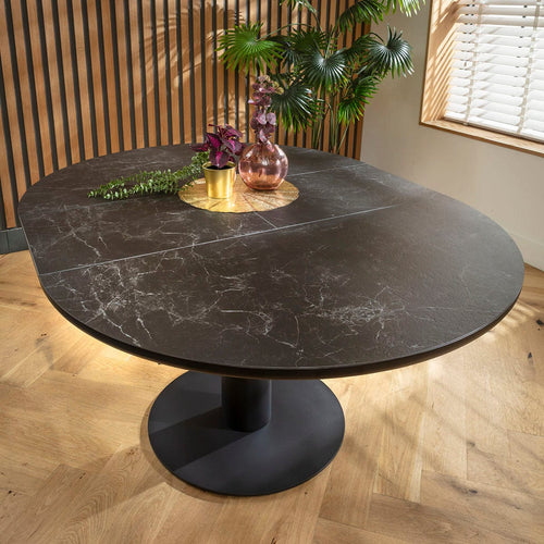 Venus Extendable Round Oval Dining Table Black Marble-Effect Ceramic 120-160cm