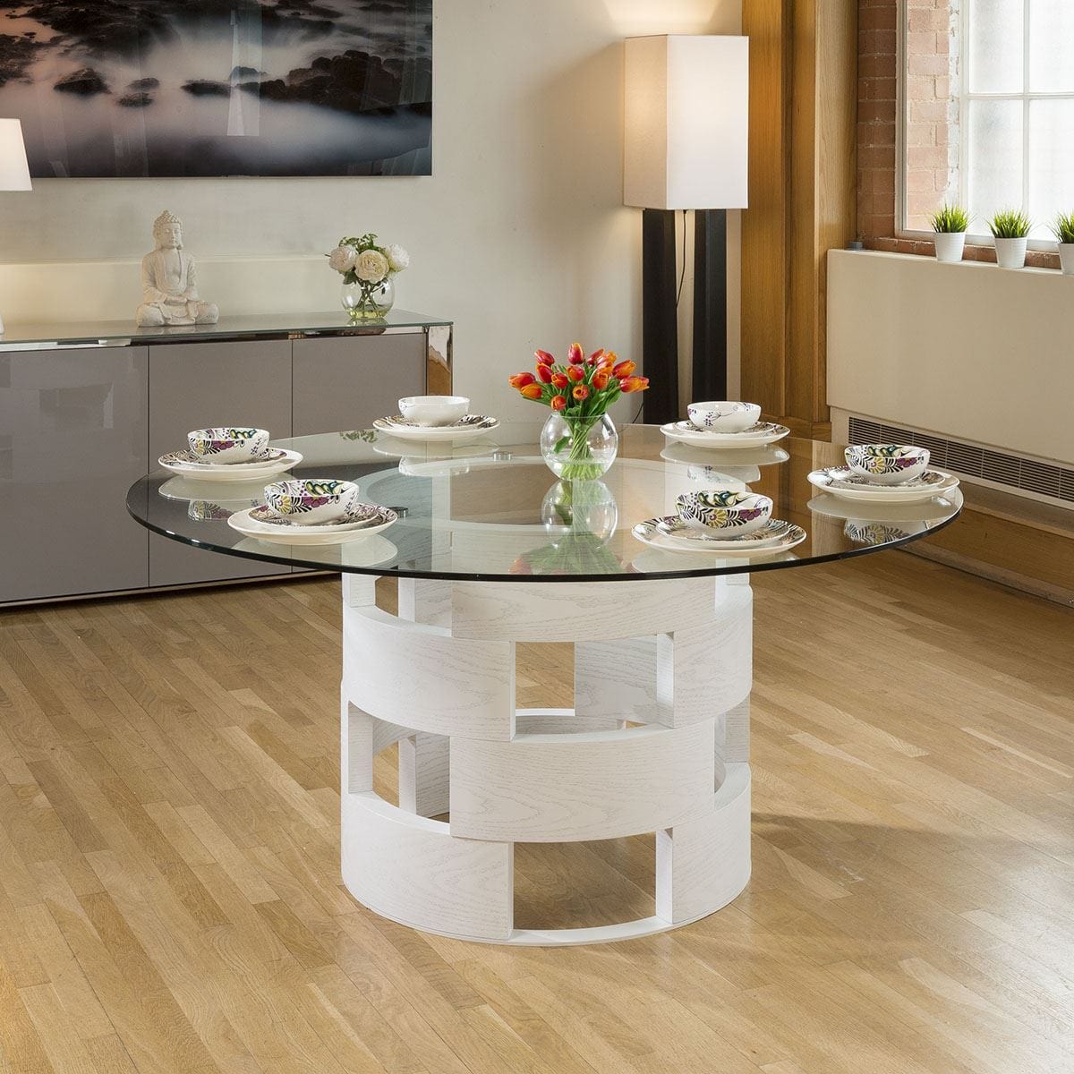 Quatropi Modern Funky Large Round White Oak and Clear Glass Dining Table 1600mm