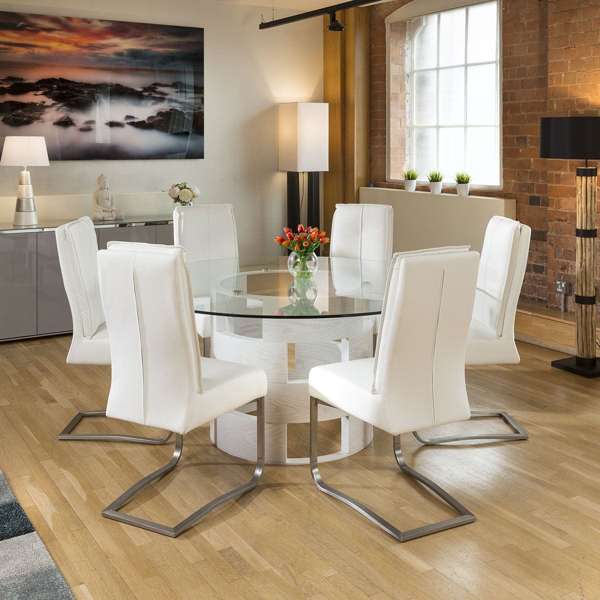 Quatropi Modern Funky Large Round White Oak and Clear Glass Dining Table 1600mm
