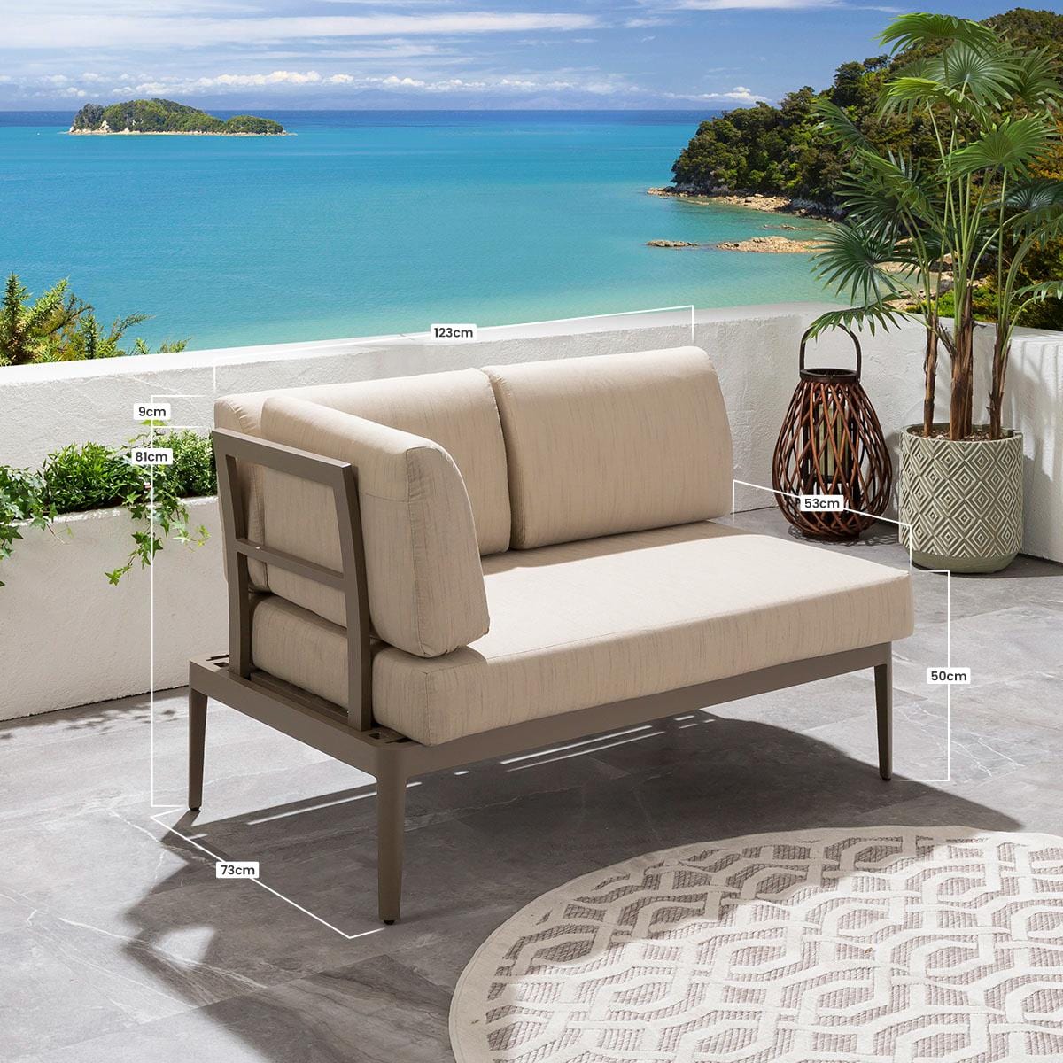 Quatropi Modern Garden Corner Sofa Set | 6 Seater Beige Aluminium Sofa & Coffee Table