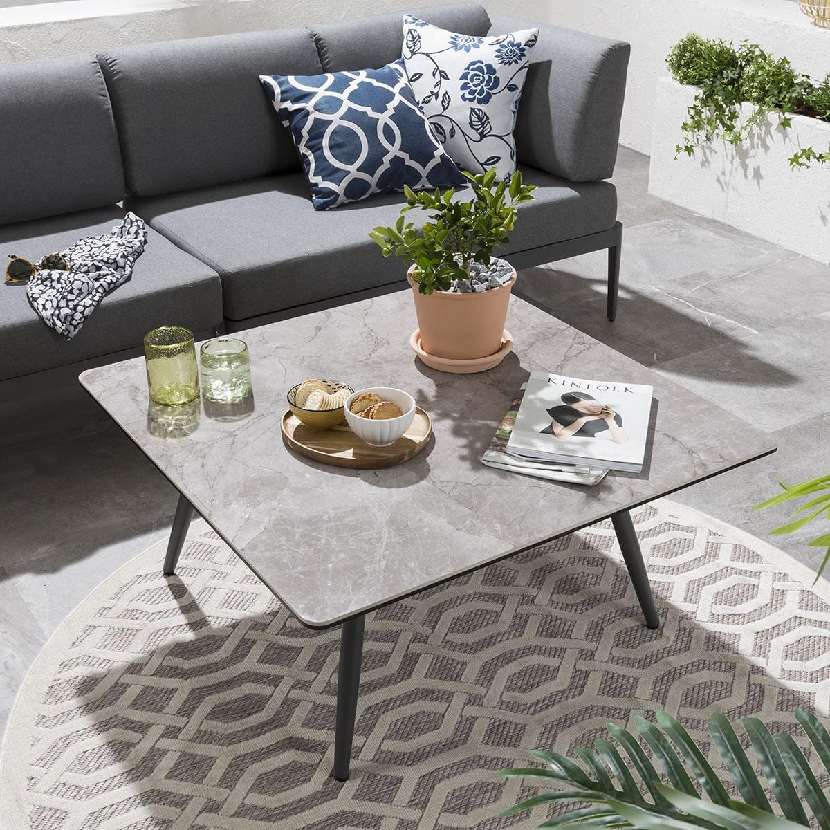 Quatropi Modern Garden Corner Sofa Set | 6 Seater Grey Aluminium Sofa & Coffee Table
