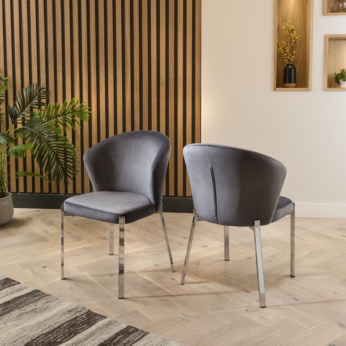 Quatropi Modern Glass Pedestal Table & Grey Velvet Chairs - 6 Seater Dining Set