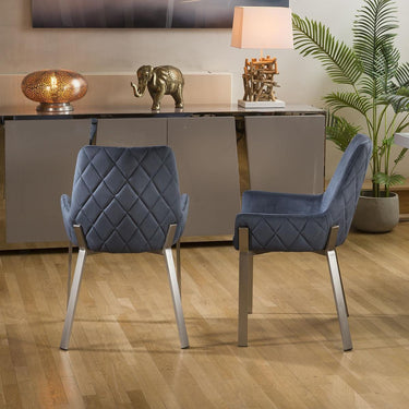 Quatropi Modern Glass Pedestal Table & Petrol Blue Carver Chairs - 6 Seater Dining Set