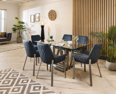 Quatropi Modern Glass Pedestal Table & Petrol Blue Carver Chairs - 6 Seater Dining Set