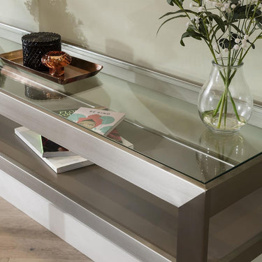 Quatropi Modern Glass Top Metal Console Table Grey 150cm Sofa Hallway Table