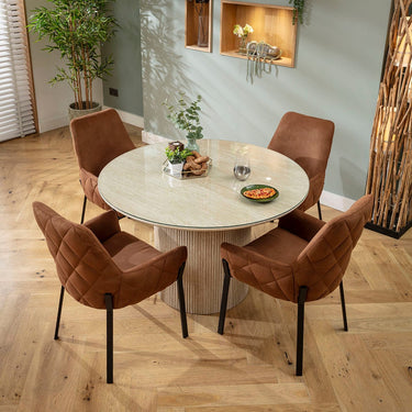 Quatropi Modern Glass-Topped Round Dining Table and Chairs 4 Seater Set Brown & Cream