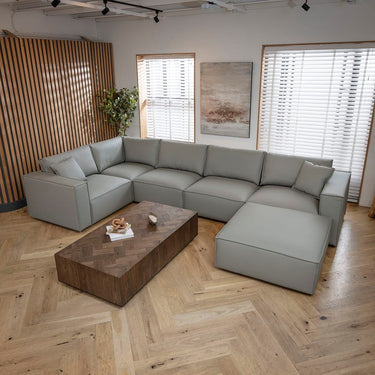 Quatropi Modern Grey Leather Corner Sofa 5 Seater Modular Settee 374x208cm