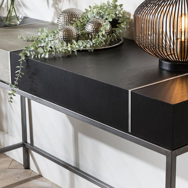 Quatropi Modern Hallway Entrance Console Table Shagreen Black Oak Metal 140cm