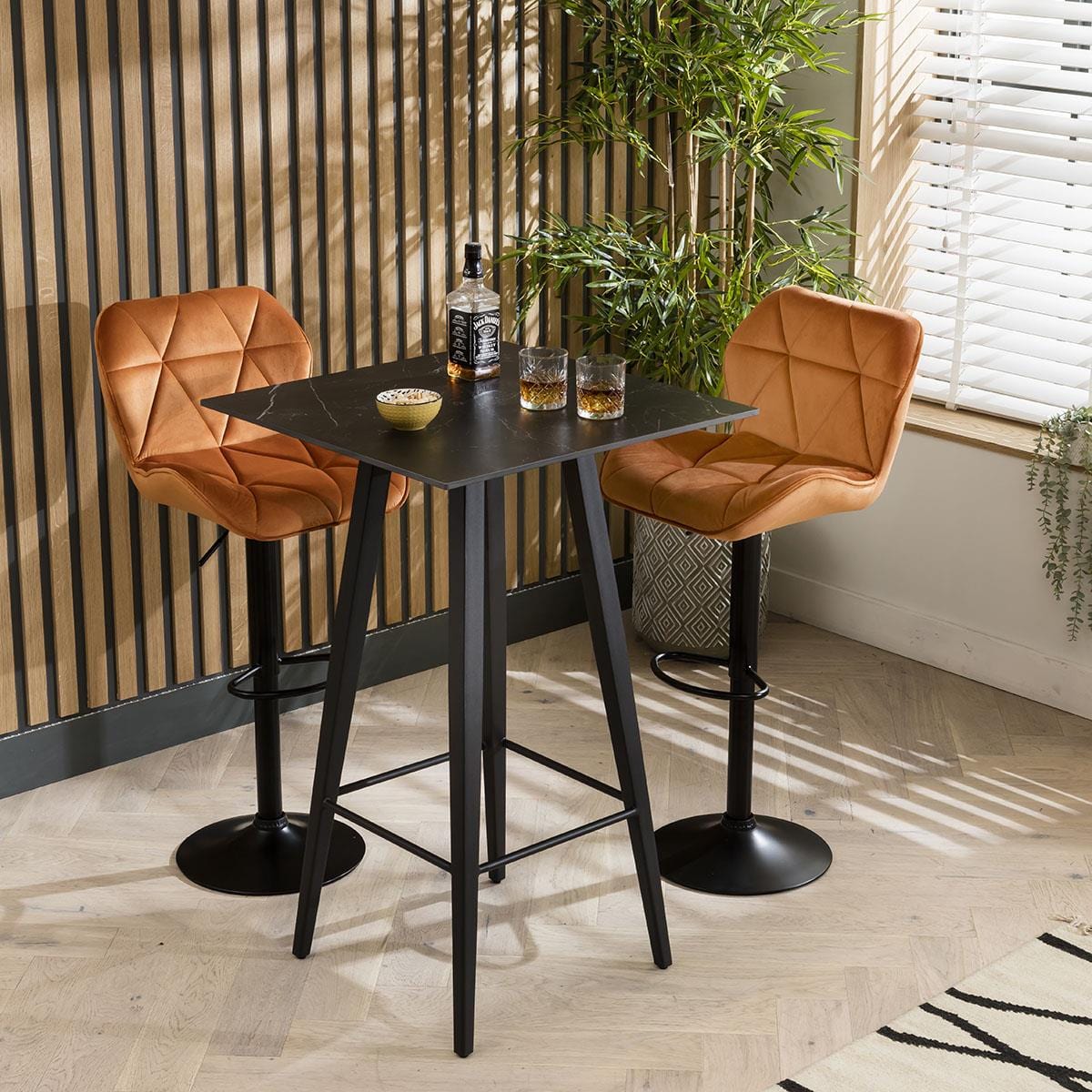 Quatropi Modern High Table And 2 Bar Stool Set - Black Ceramic Marble Bar Table - Velvet Stools