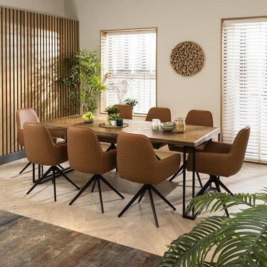 Quatropi Modern Industrial Parquet Wooden 8 Seater Dining Set Tan Leather 220cm