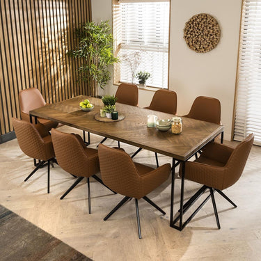 Quatropi Modern Industrial Parquet Wooden 8 Seater Dining Set Tan Leather 220cm