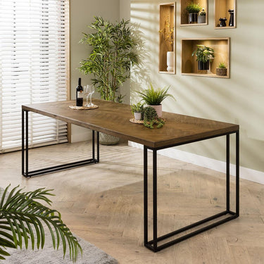 Quatropi Modern Industrial Parquet Wooden 8 Seater Dining Set Tan Leather 220cm