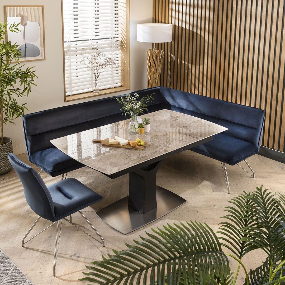 Modern Kitchen Corner Dining Bench Blue Fabric 5 Seater Left-Hand ...