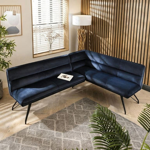 Detroit Corner Dining Bench Blue with Black Legs - Left