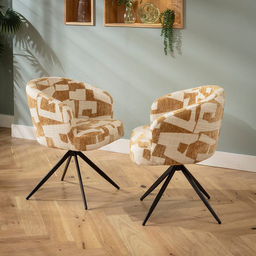 Lyla Modern Swivel Dining Chair Cream & Mustard Pattern Fabric
