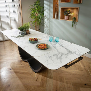 Quatropi Modern Large Extendable Dining Room Table White Marble Effect Ceramic 180-260cm