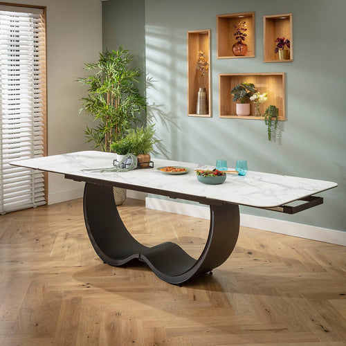 Quatropi Modern Large Extendable Dining Room Table White Marble Effect Ceramic 180-260cm