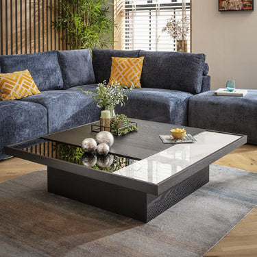 Quatropi Modern Large Glass Square Black Coffee Table White Ceramic 120cm