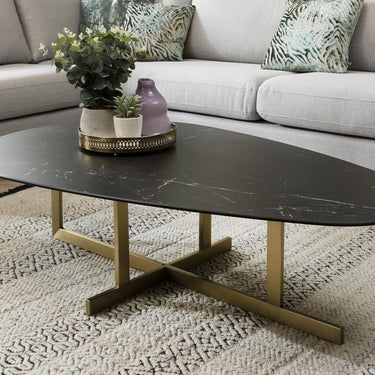 Quatropi Modern Large Oval Ceramic Marble Coffee Table on Metal Legs - 130cm Black