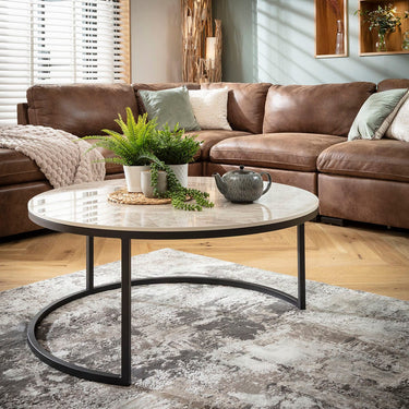 Quatropi Modern Large Round Nest of Coffee Tables Grey Ceramic Marble 100cm & 80cm