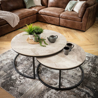 Quatropi Modern Large Round Nest of Coffee Tables Grey Ceramic Marble 100cm & 80cm