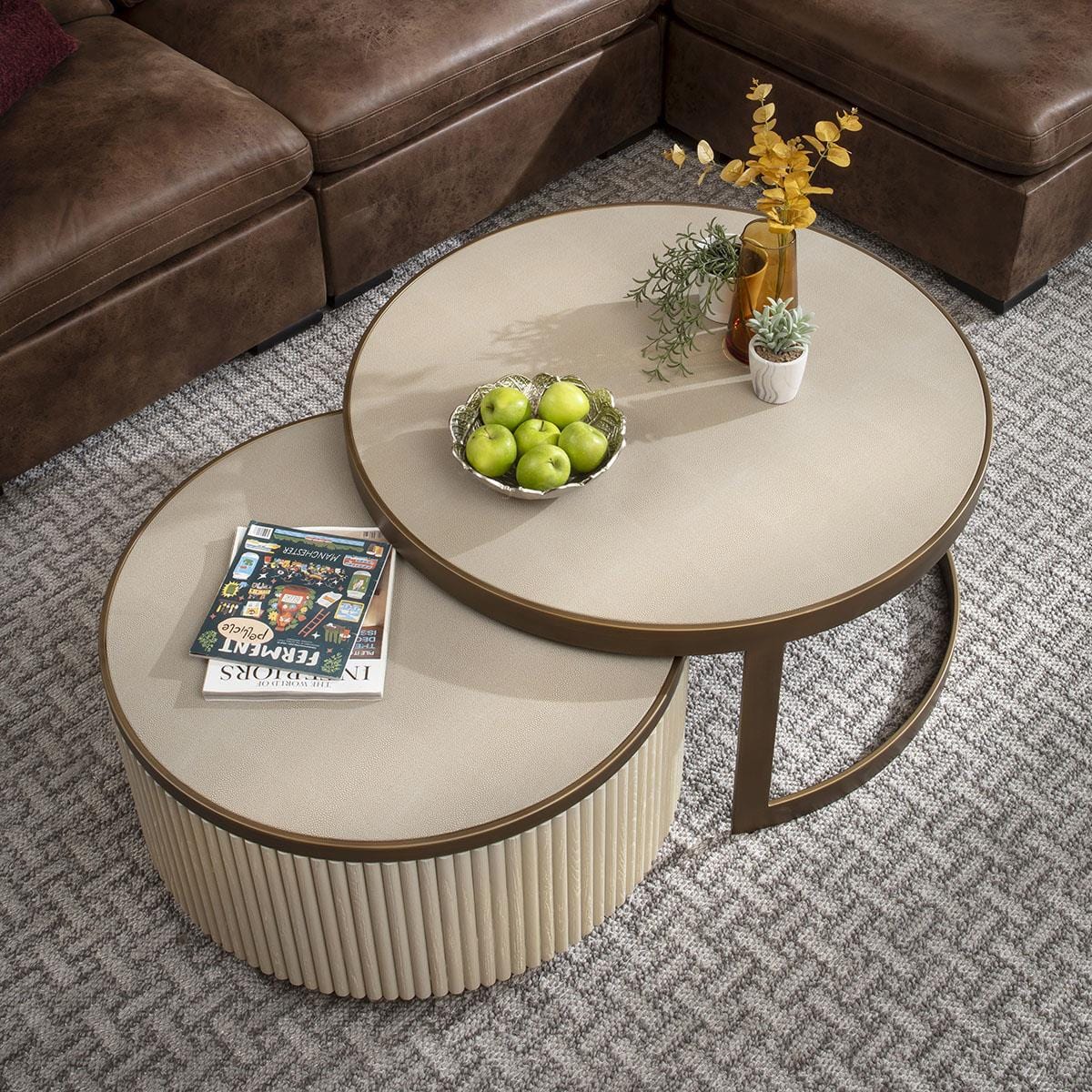 Modern Large Round Nesting Coffee Table Set Ivory Wood White Shagreen ...