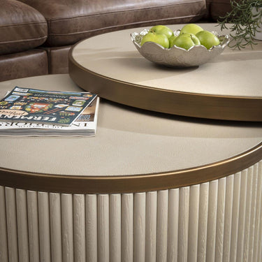 Quatropi Modern Large Round Nesting Coffee Table Set Ivory Wood White Shagreen