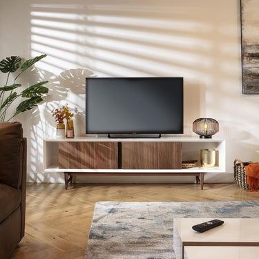 Quatropi Modern Large TV Stand Cabinet Unit Gloss White Walnut Wood 201cm