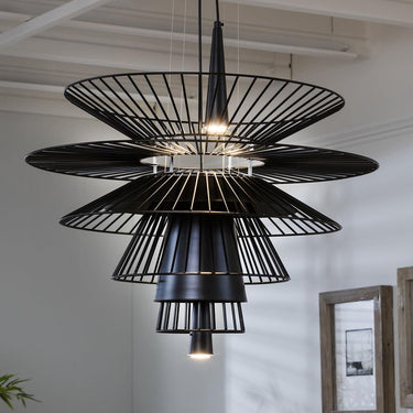 Quatropi Modern Layered Chandelier Ceiling Light - Unique Design Black Metal Pendant 68cm