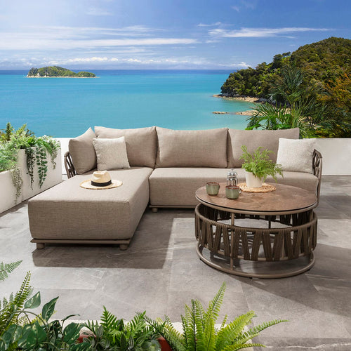 ZigZag Aluminium Outdoor Garden Left-Hand Chaise Sofa Brown Rope 260cm