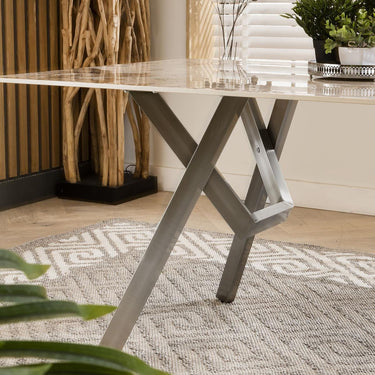 Quatropi Modern Marble Effect 6 Seater Ceramic Dining Table Silver White 180cm