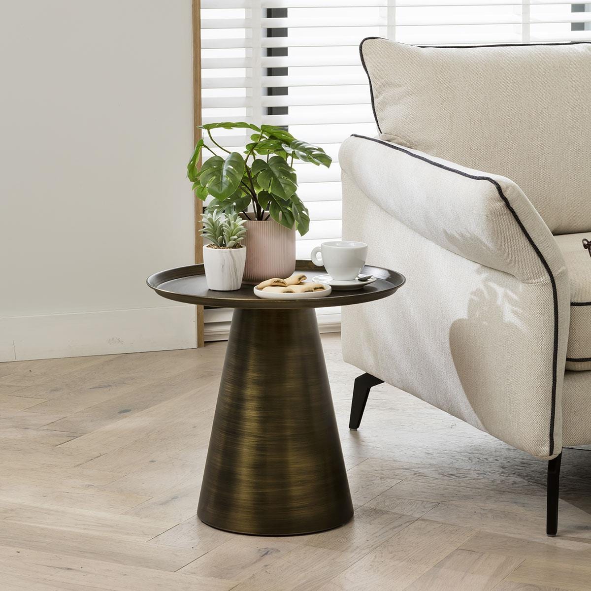 Quatropi Modern Metal Side Table - Gold Coned Shape Round Lamp Table 48cm