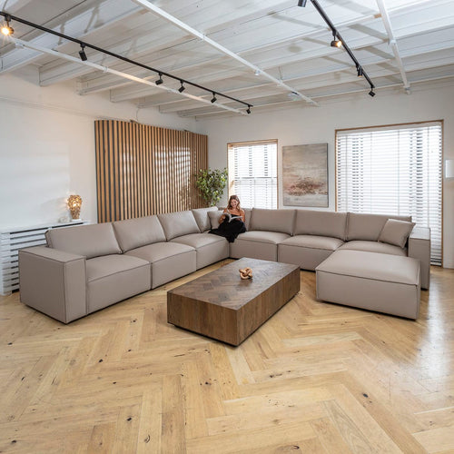 Rupert Leather 7 Seater Modular Corner Cinema Sofa Mushroom Beige 386x386cm 17