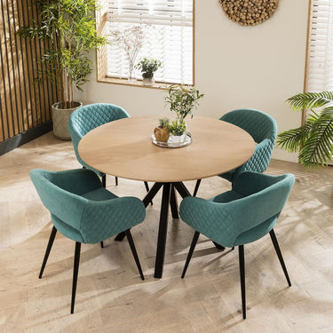Quatropi Modern Natural Round Solid Wooden Dining Set For 4 Teal Velvet 120cm