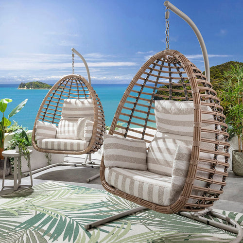 Set of 2 Bali Modern Outdoor Garden Egg Chairs Cream Beige Stripe