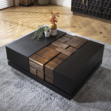 Quatropi Modern Rectangular Black Coffee Table Oak Relcaimed Elm Wood 100x80cm