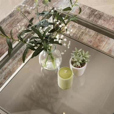 Quatropi Modern Rectangular Coffee Table Glass Top Brushed Metal Frame Taupe Grey