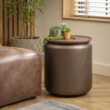 Quatropi Modern Round Bedside Lamp Side Table Walnut Wood Brown Metal Drum 45cm