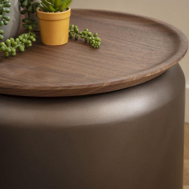 Quatropi Modern Round Bedside Lamp Side Table Walnut Wood Brown Metal Drum 45cm