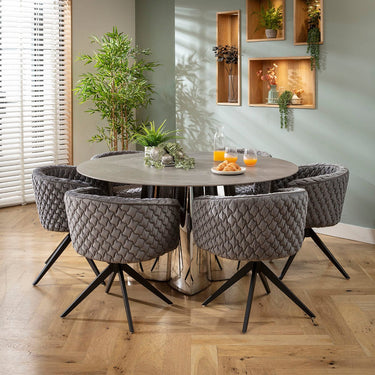Quatropi Modern Round Ceramic Marble Dining Table and Chairs 6 Seater Set Grey & Silver