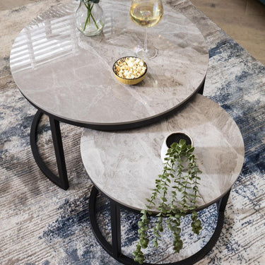 Quatropi Modern Round Coffee Table Nest Ceramic Marble Nest Of Tables 70cm Grey