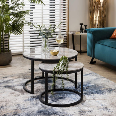 Quatropi Modern Round Coffee Table Nest Ceramic Marble Nest Of Tables 70cm Grey