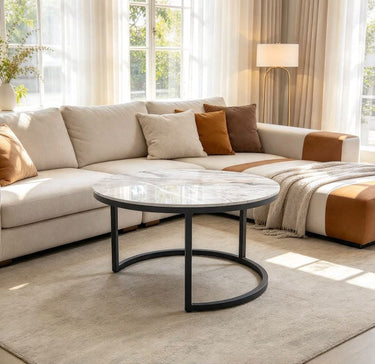 Quatropi Modern Round Coffee Table Nest Ceramic Marble Nest Of Tables 70cm Grey
