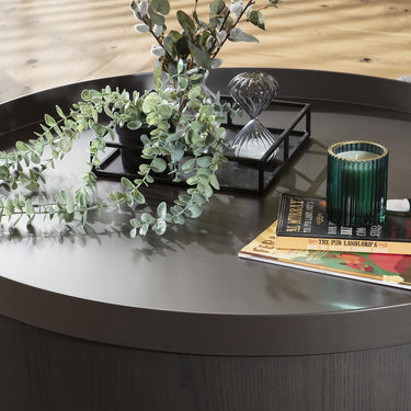 Quatropi Modern Round Coffee Table Premium Grey Oak Wood Metal Drum 90cm