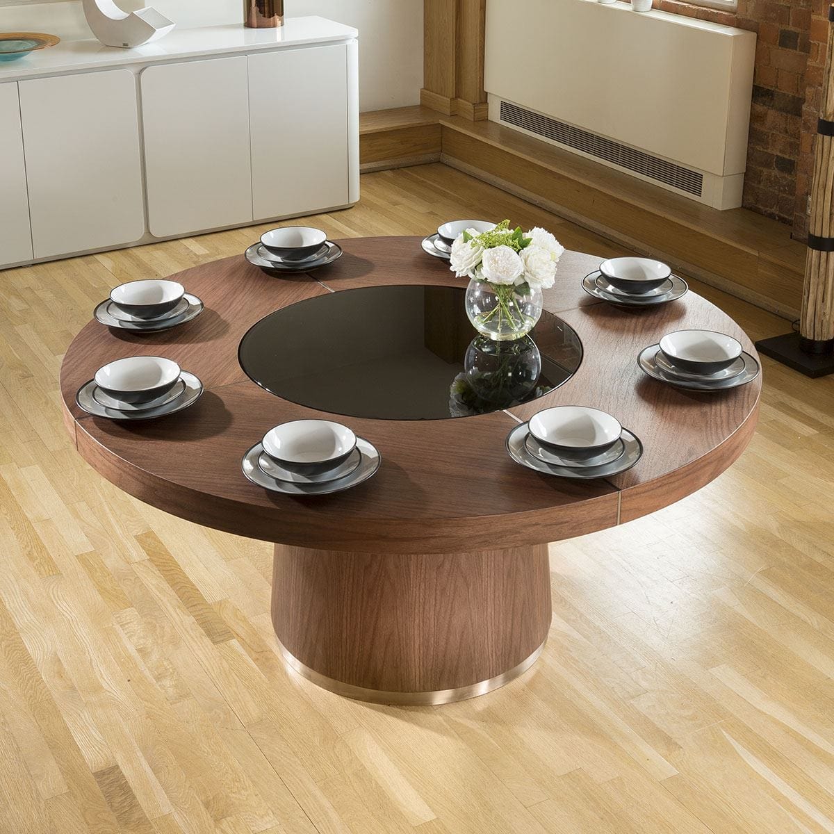 Quatropi Modern Round Dining Table with Lazy Susan Walnut 160cm