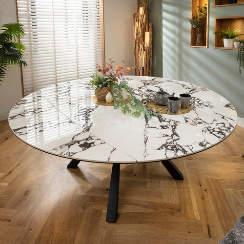 Rudie Round Extendable Dining Table Black-Veined White Ceramic 115-190cm
