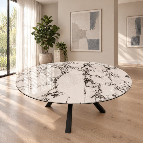 Rudie Round Extendable Dining Table Black-Veined White Ceramic 115-190cm