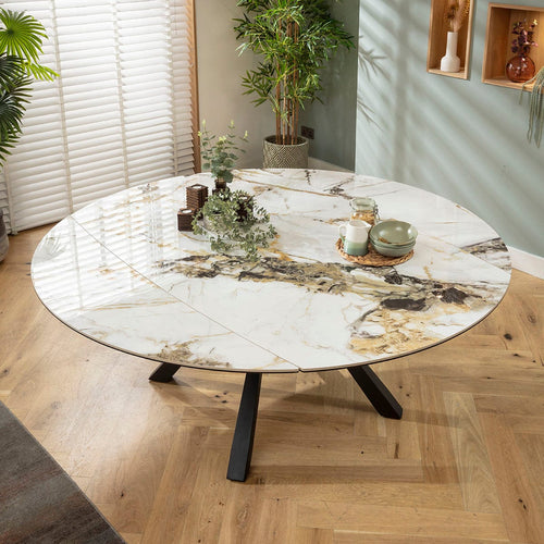 Rudie Round Extendable Dining Table Gold & Green-Veined White Ceramic 115-190cm