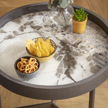 Quatropi Modern Round Glass Bedside Lamp Side Table White Marble Effect 50cm