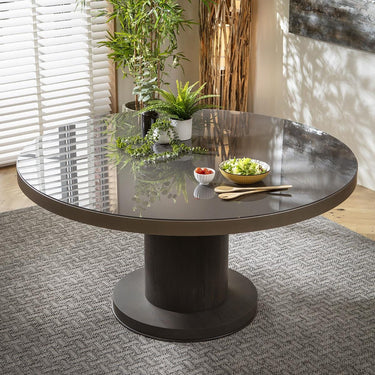 Quatropi Modern Round Glass Dining Room Table For 6 Pedestal Base Grey Oak 150cm